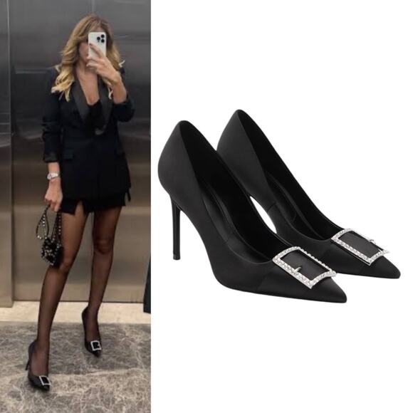 Mango Satin Pointed Toe Heel Pump with Buckle Black Size 37/ 6.5 - Picture 1 of 13